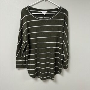 Market & Spruce Olive Green White Striped Dolman Sleeve Knit Top Womens Medium